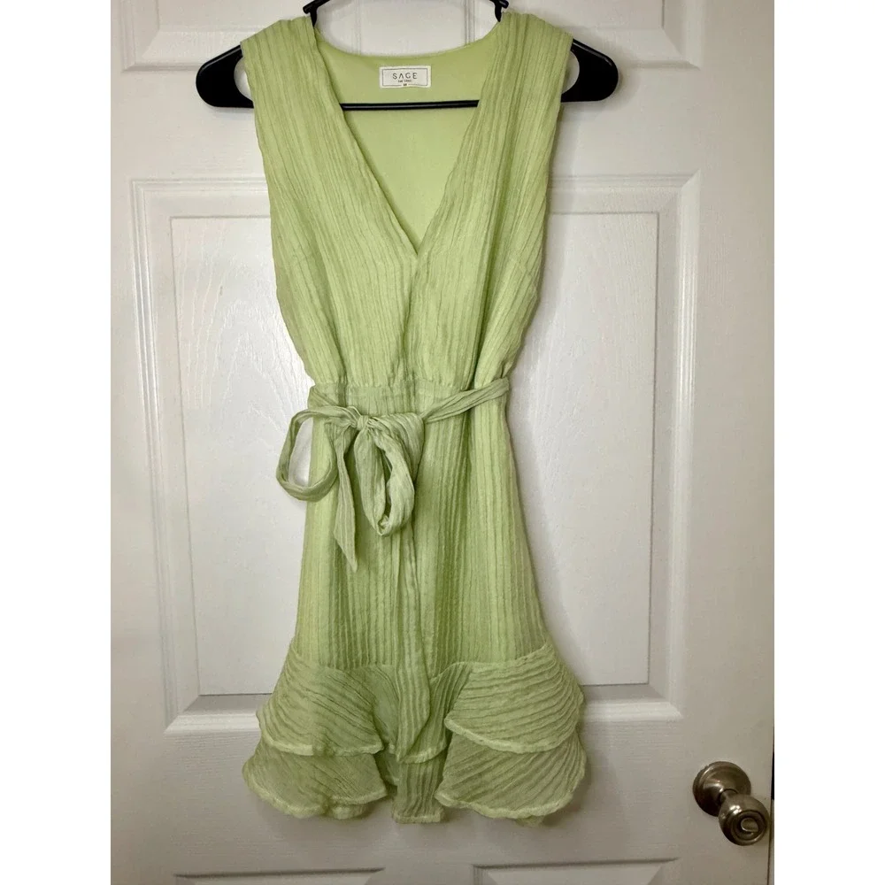 Sage The Label Plisse Mini Dress Women XS‎ Lime Green Excellent Ruffle Tie Waist